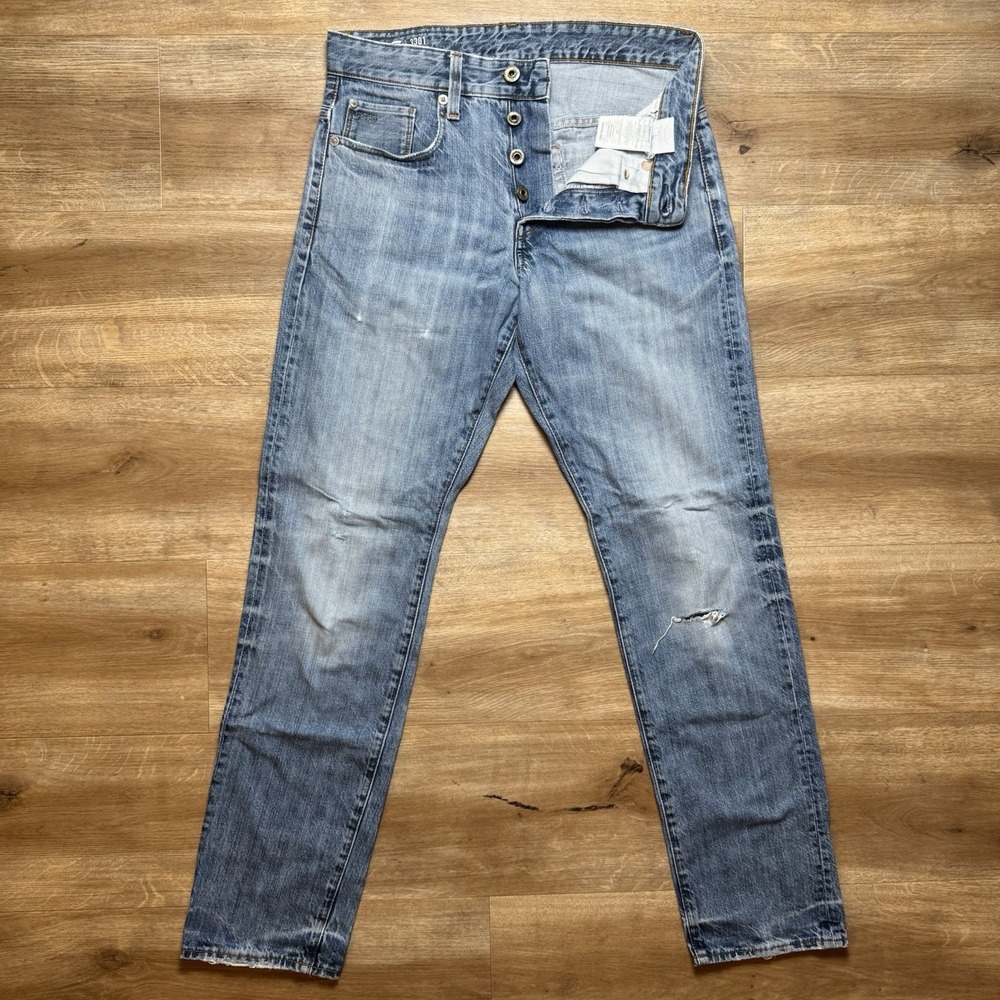 G-Star Raw 3301 Tapered Jeans Mens 27x30 Light Blue Distressed Button Fly Pants